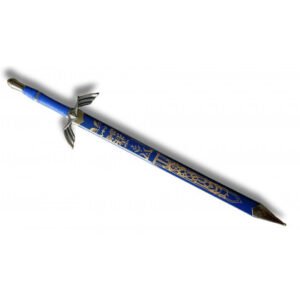 ESPADA DECORATIVA EN MADERA AZUL Y DORADA CON VAINA GRABADA