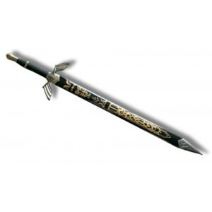 ESPADA DECORATIVA EN MADERA NEGRA Y DORADA CON VAINA GRABADA