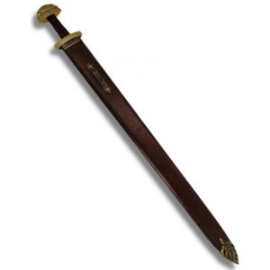 ESPADA VIKINGA JARL CON ACABADO EN BRONCE DECORADO Y FUNDA DE CUERO