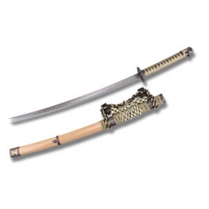 TACHI JAPONÉS COLECCIONABLE – SABLE CEREMONIAL CON SAYA DE MADERA Y GUARDA TALLADA