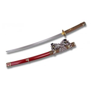 TACHI JAPONÉS ROJO BRILLANTE: SABLE CEREMONIAL CON ADORNOS DORADOS Y SAYA BRILLANTE